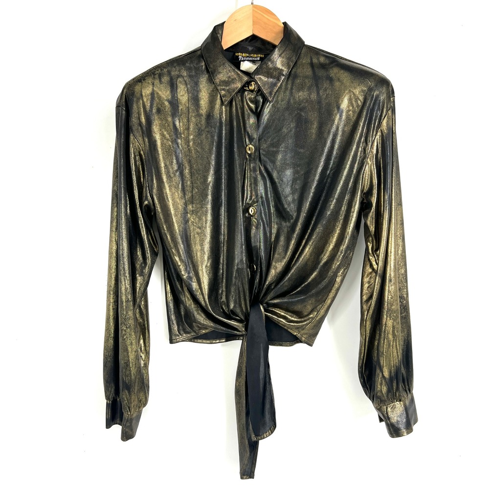 Vintage Trimmings Gold Metallic Tie Front Blouse Shoulder Pads Disco Top Large